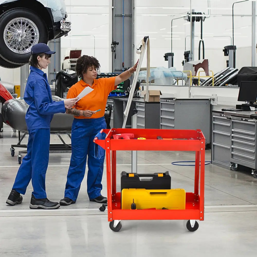 2-Tier Utility Cart with Handle and Heavy-Duty Metal Frame-Red - Red - Garages
