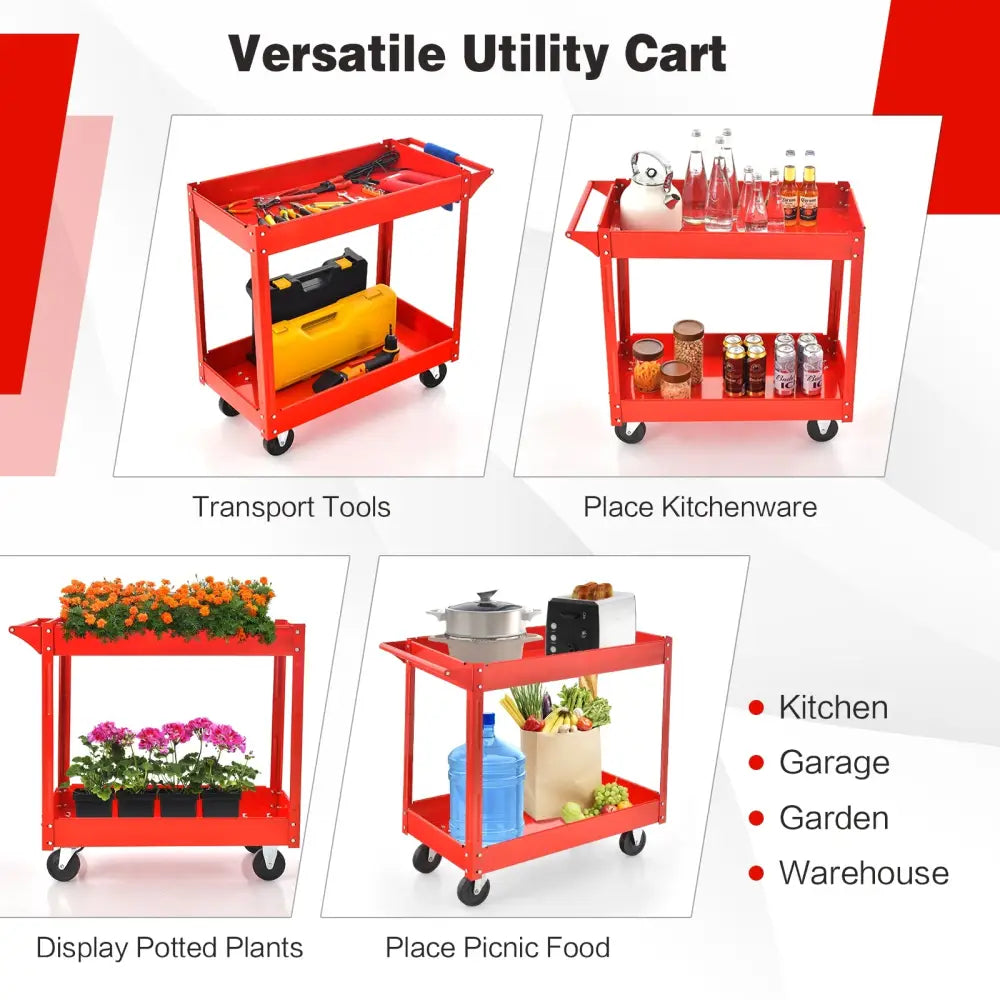 2-Tier Utility Cart with Handle and Heavy-Duty Metal Frame-Red - Red - Garages