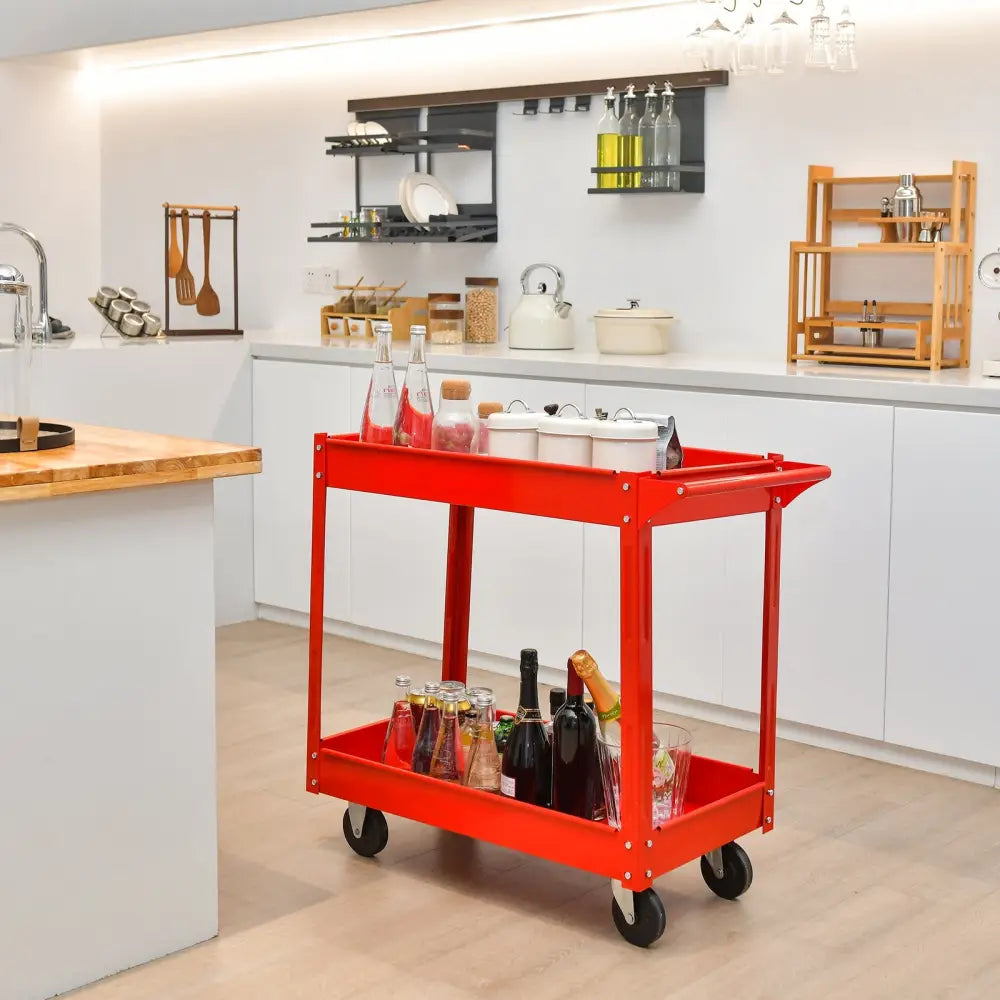 2-Tier Utility Cart with Handle and Heavy-Duty Metal Frame-Red - Red - Garages