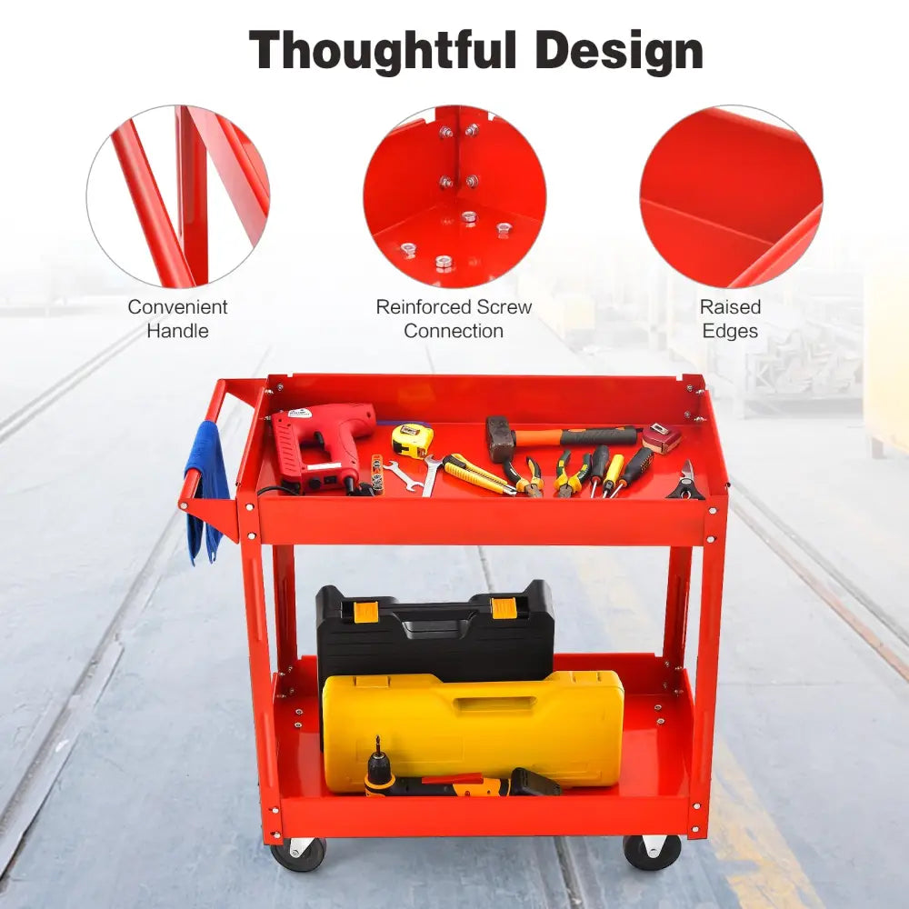 2-Tier Utility Cart with Handle and Heavy-Duty Metal Frame-Red - Red - Garages