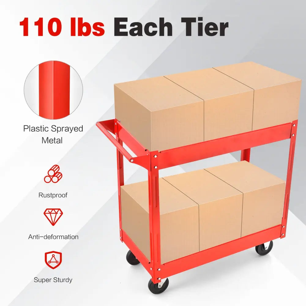 2-Tier Utility Cart with Handle and Heavy-Duty Metal Frame-Red - Red - Garages