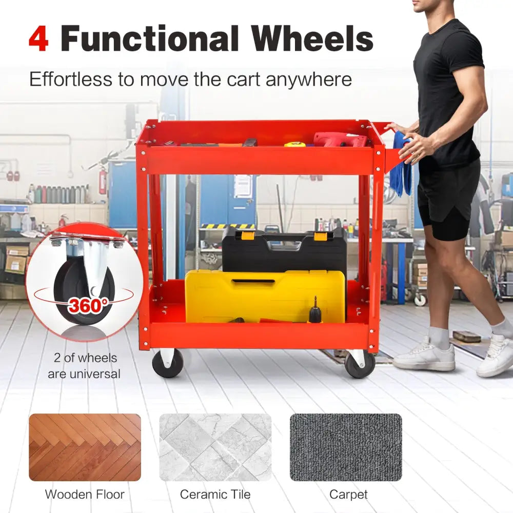 2-Tier Utility Cart with Handle and Heavy-Duty Metal Frame-Red - Red - Garages