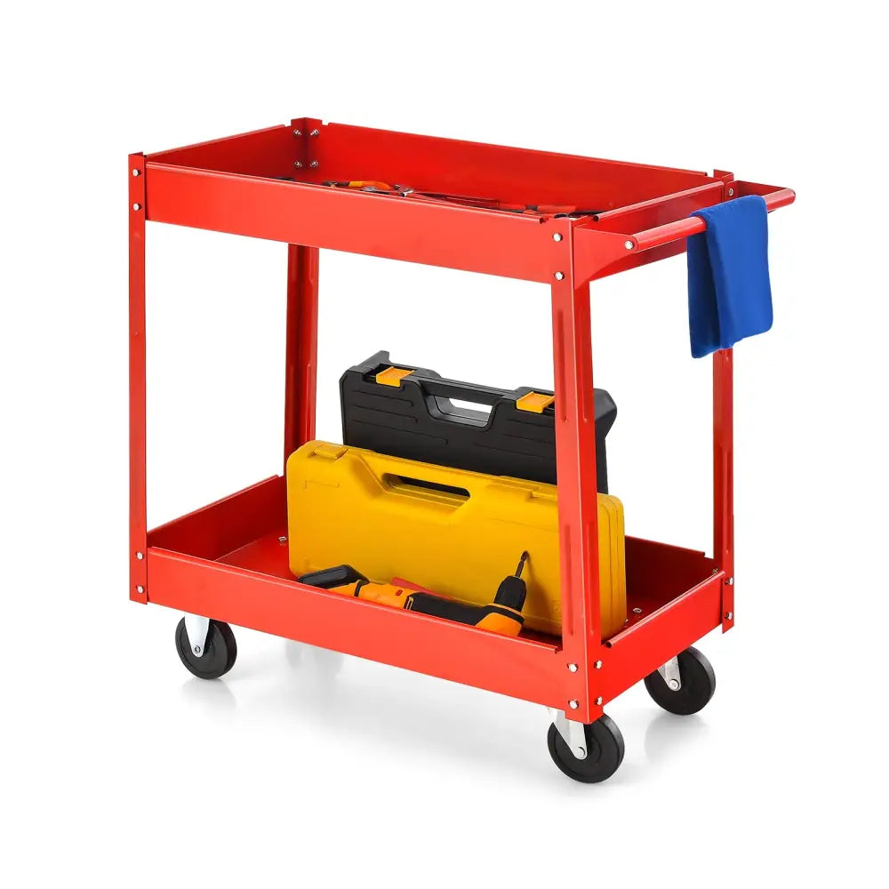 2-Tier Utility Cart with Handle and Heavy-Duty Metal Frame-Red - Red - Garages