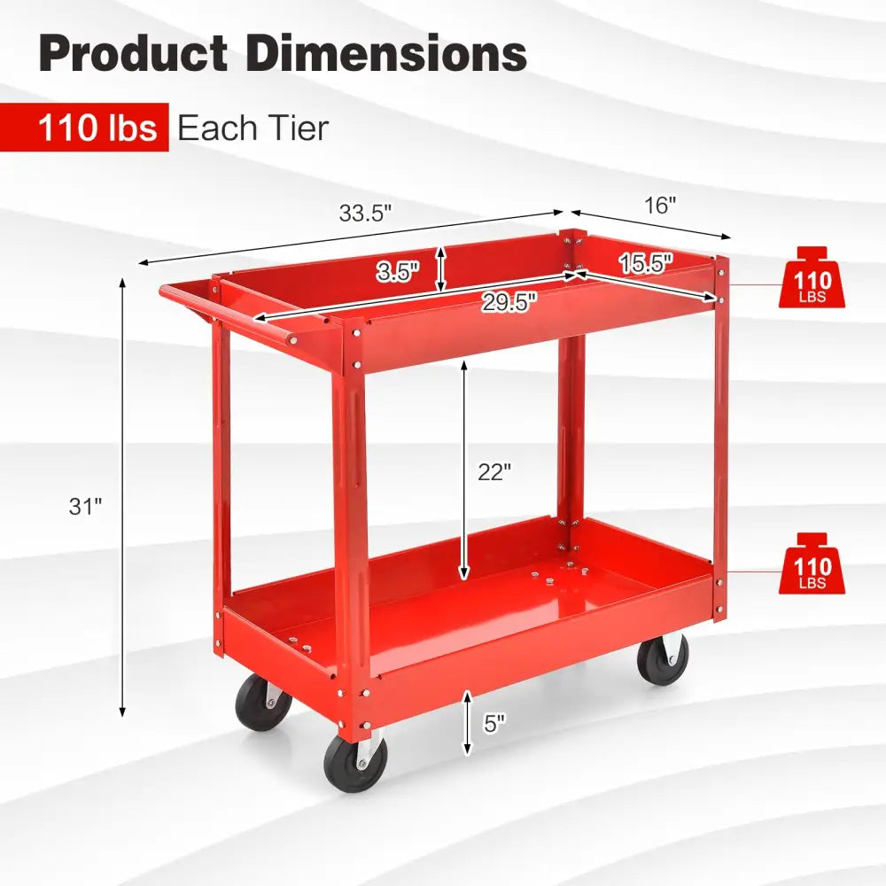2-Tier Utility Cart with Handle and Heavy-Duty Metal Frame-Red - Red - Garages