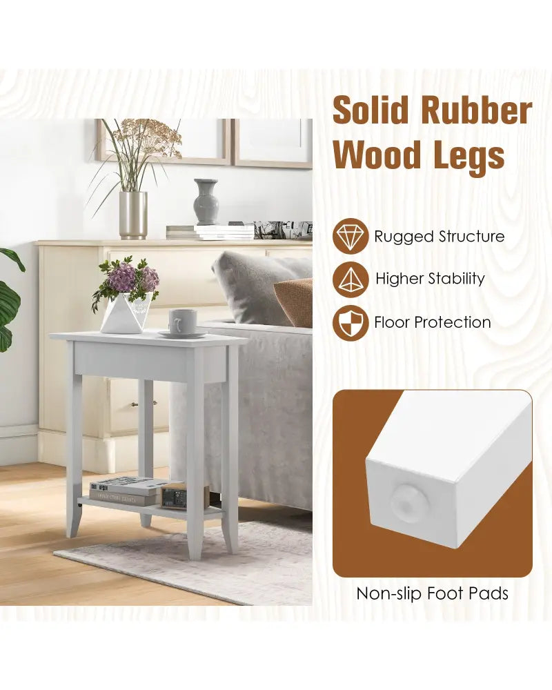 2-Tier Wedge Narrow End Table with Storage Shelf and Solid Wood Legs-White - White - End & Side Tables