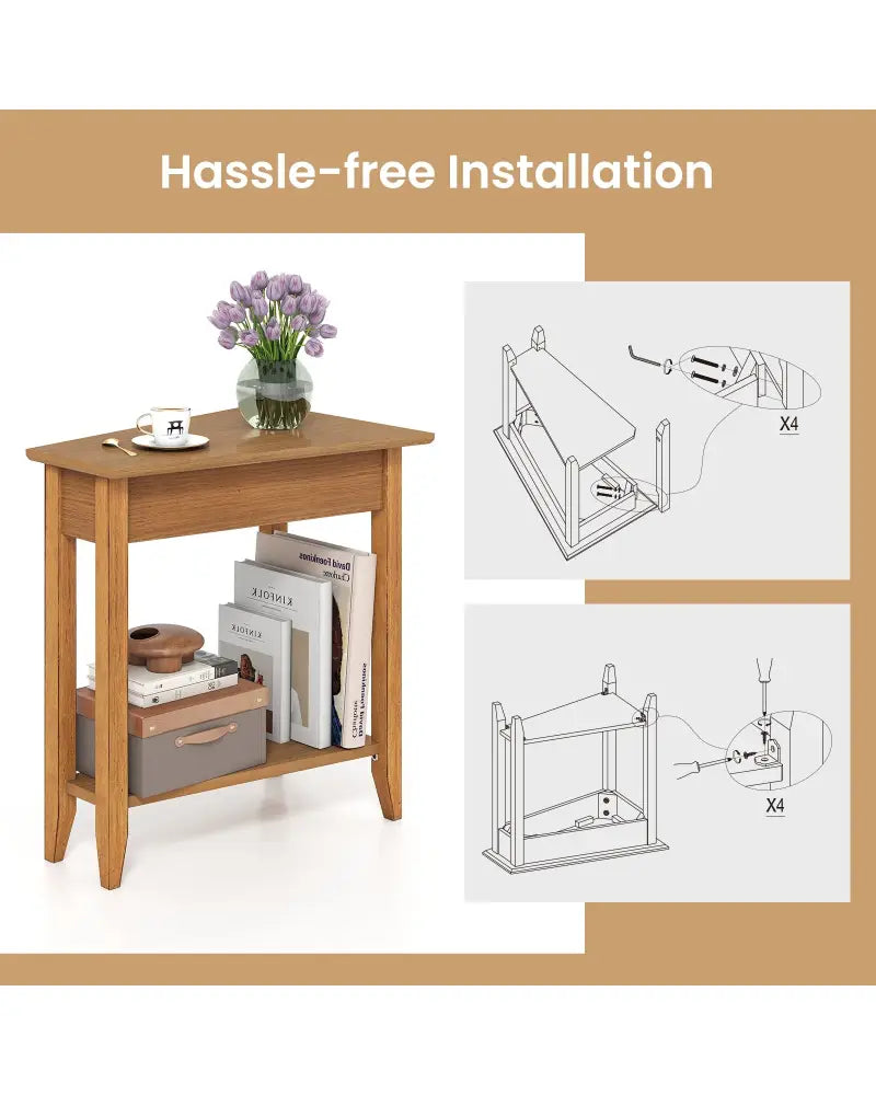2-Tier Wedge Narrow End Table with Storage Shelf and Solid Wood Legs-Walnut - Walnut - End & Side Tables