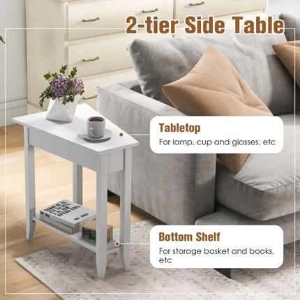 2-Tier Wedge Narrow End Table with Storage Shelf and Solid Wood Legs-White Costway