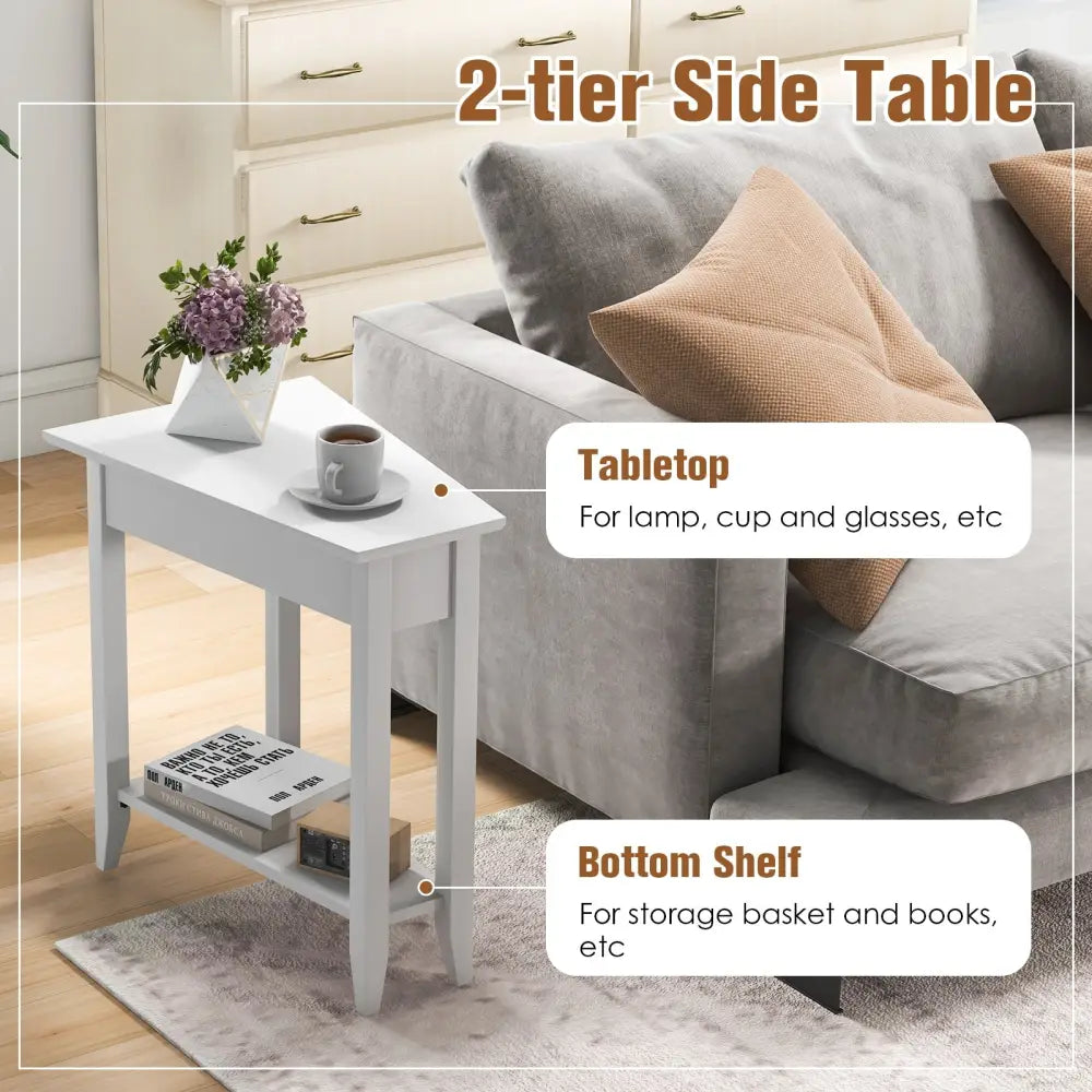 2-Tier Wedge Narrow End Table with Storage Shelf and Solid Wood Legs-White Costway