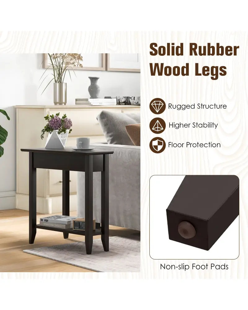 2-Tier Wedge Narrow End Table with Storage Shelf and Solid Wood Legs-Espresso - Espresso - End & Side Tables
