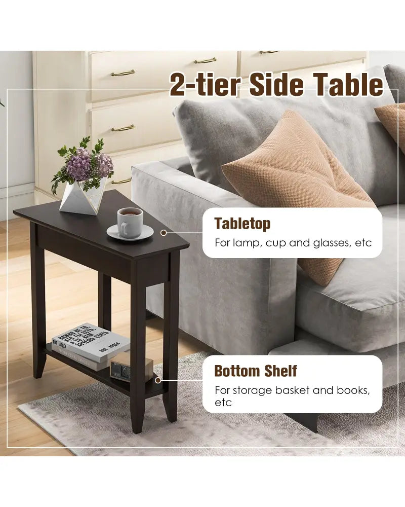 2-Tier Wedge Narrow End Table with Storage Shelf and Solid Wood Legs-Espresso - Espresso - End & Side Tables