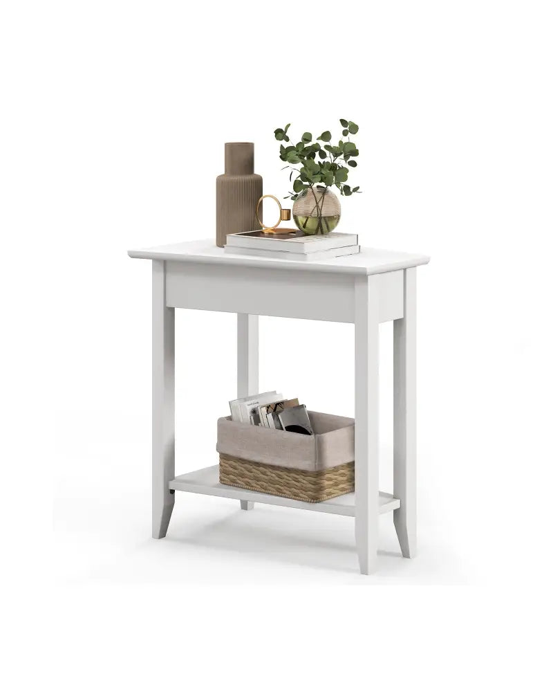 2-Tier Wedge Narrow End Table with Storage Shelf and Solid Wood Legs-White - White - End & Side Tables