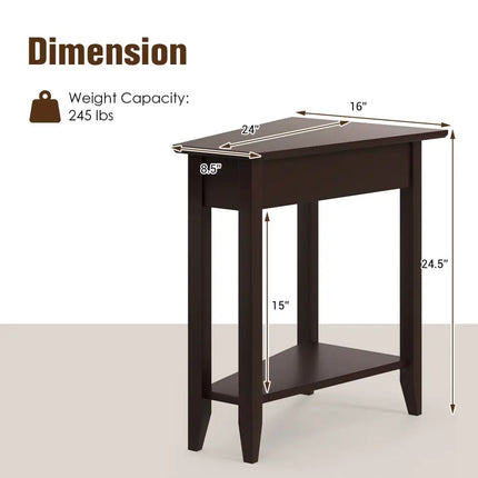 2-Tier Wedge Narrow End Table with Storage Shelf and Solid Wood Legs-Espresso Costway