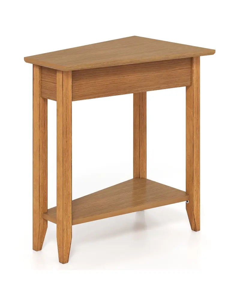 2-Tier Wedge Narrow End Table with Storage Shelf and Solid Wood Legs-Walnut - Walnut - End & Side Tables