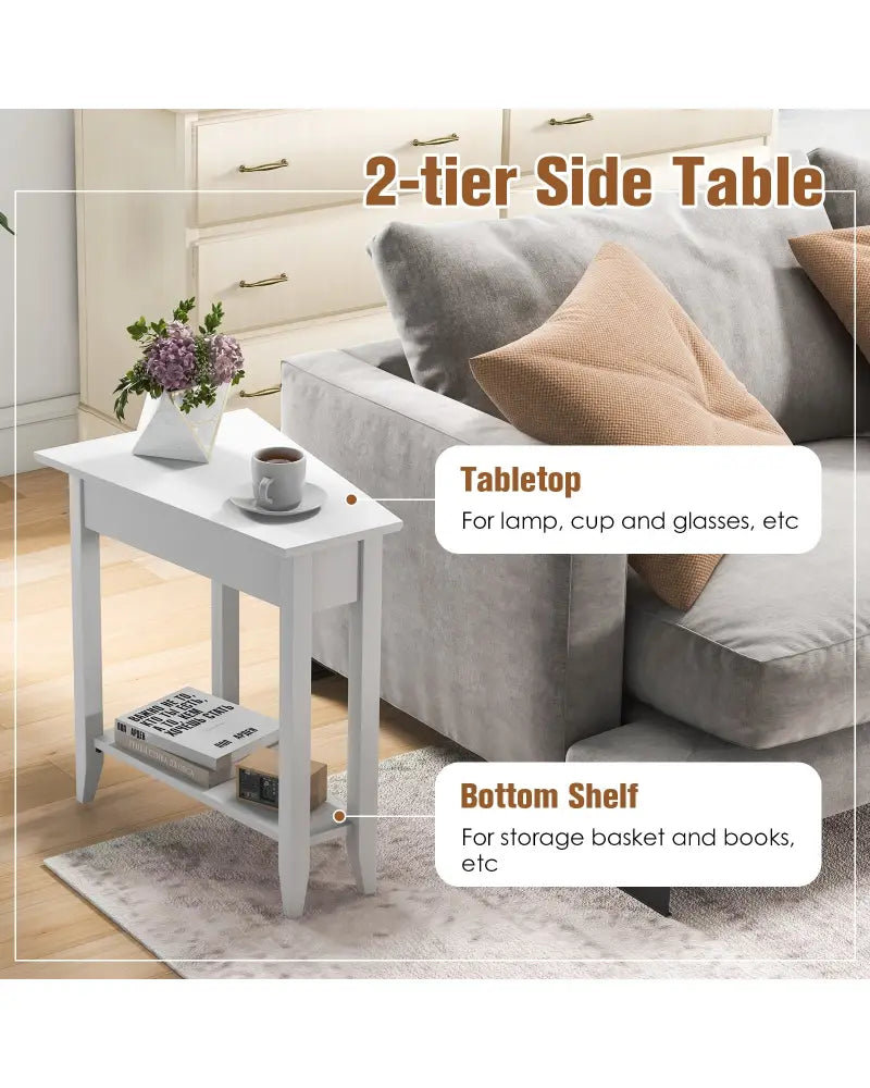 2-Tier Wedge Narrow End Table with Storage Shelf and Solid Wood Legs-White - White - End & Side Tables