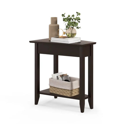 2-Tier Wedge Narrow End Table with Storage Shelf and Solid Wood Legs-Espresso Costway