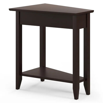 2-Tier Wedge Narrow End Table with Storage Shelf and Solid Wood Legs-Espresso Costway