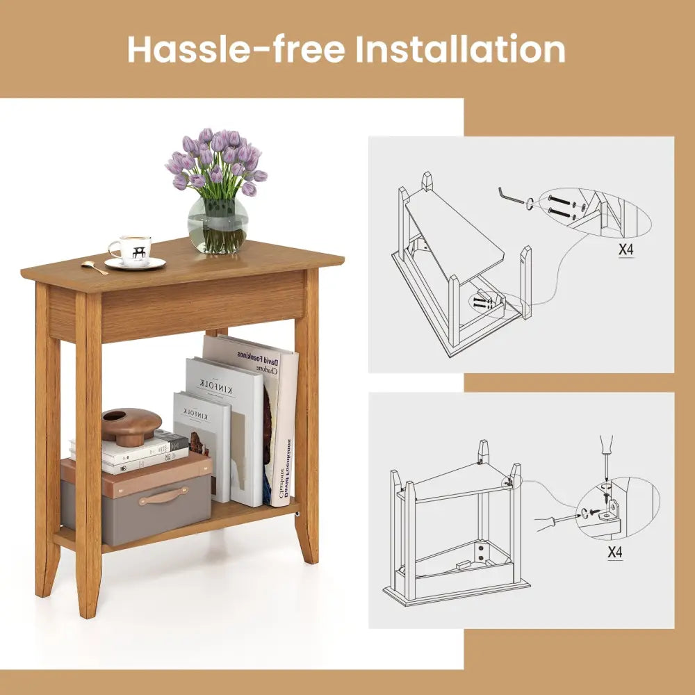 2-Tier Wedge Narrow End Table with Storage Shelf and Solid Wood Legs-Walnut - Walnut - End & Side Tables