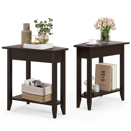 2-Tier Wedge Narrow End Table with Storage Shelf and Solid Wood Legs-Espresso Costway