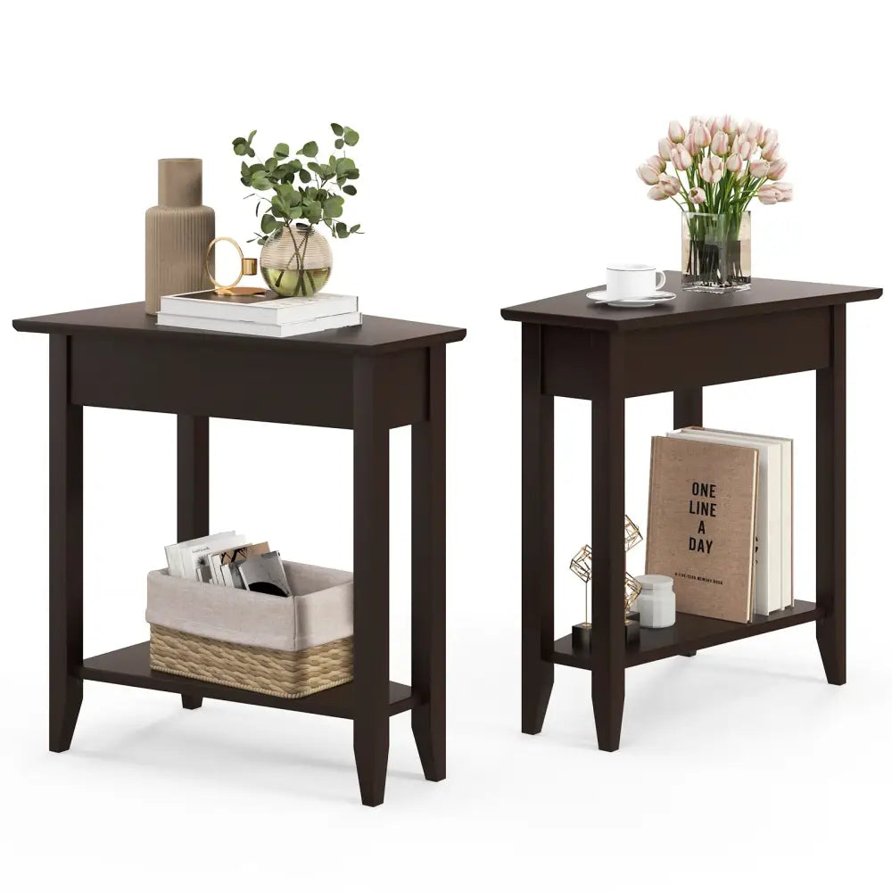 2-Tier Wedge Narrow End Table with Storage Shelf and Solid Wood Legs-Espresso Costway