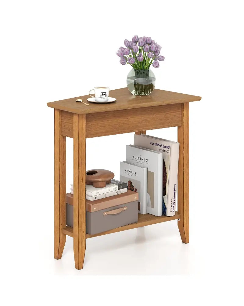 2-Tier Wedge Narrow End Table with Storage Shelf and Solid Wood Legs-Walnut - Walnut - End & Side Tables