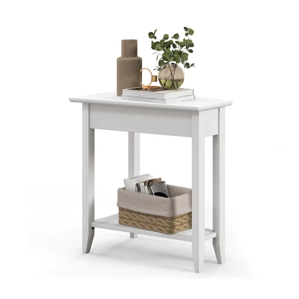 2-Tier Wedge Narrow End Table with Storage Shelf and Solid Wood Legs-White Costway