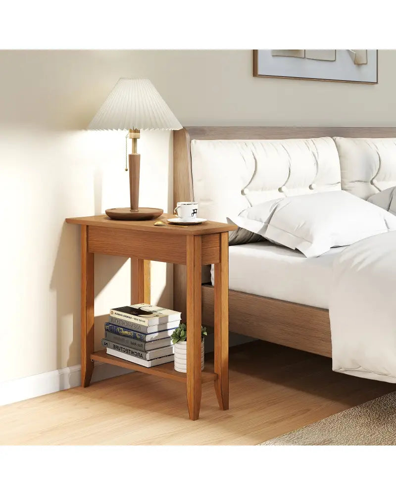 2-Tier Wedge Narrow End Table with Storage Shelf and Solid Wood Legs-Walnut - Walnut - End & Side Tables