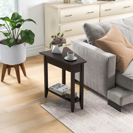 2-Tier Wedge Narrow End Table with Storage Shelf and Solid Wood Legs-Espresso Costway