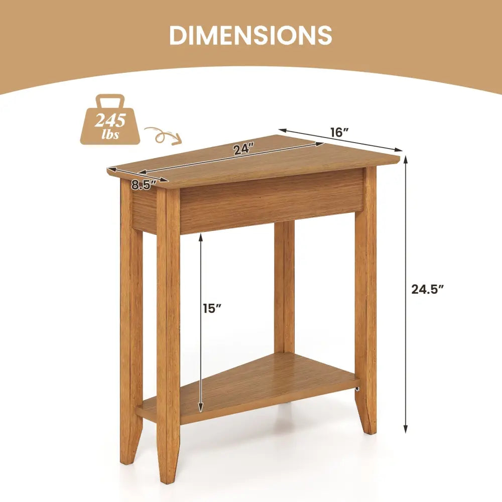 2-Tier Wedge Narrow End Table with Storage Shelf and Solid Wood Legs-Walnut - Walnut - End & Side Tables