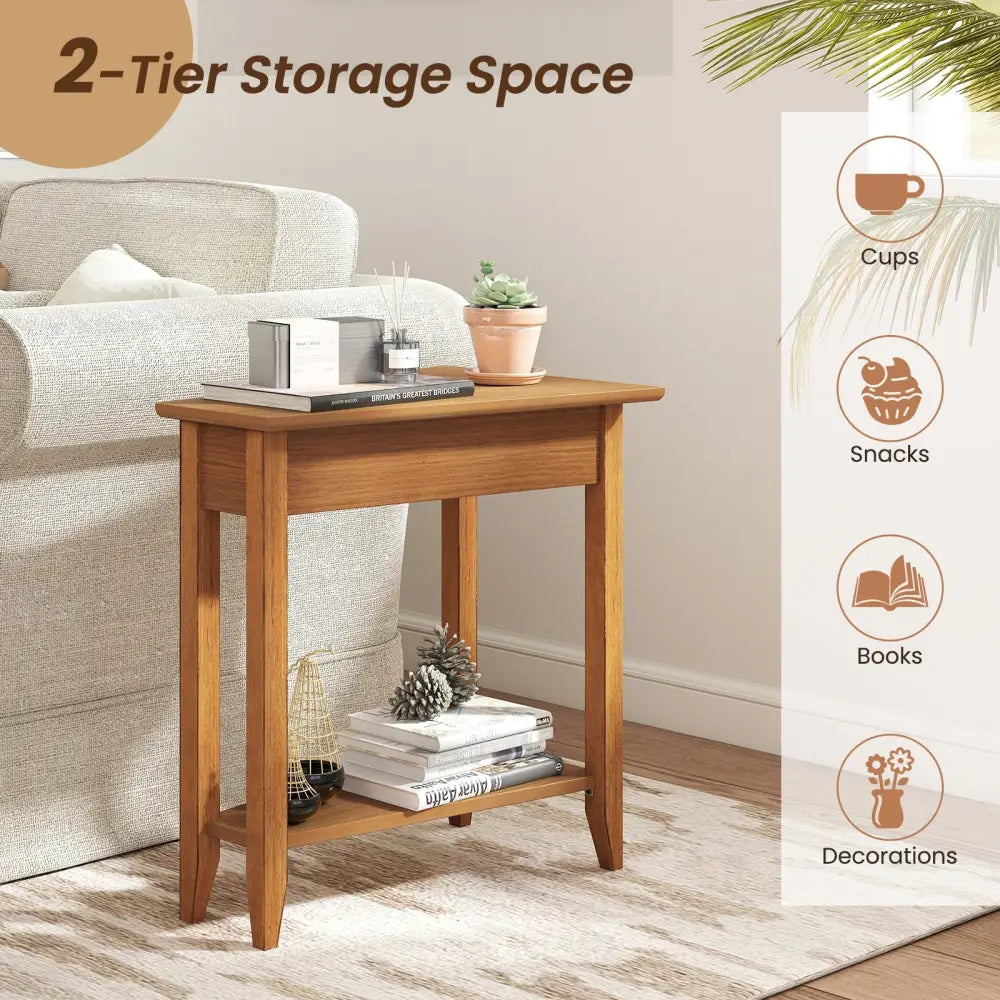 2-Tier Wedge Narrow End Table with Storage Shelf and Solid Wood Legs-Walnut - Walnut - End & Side Tables