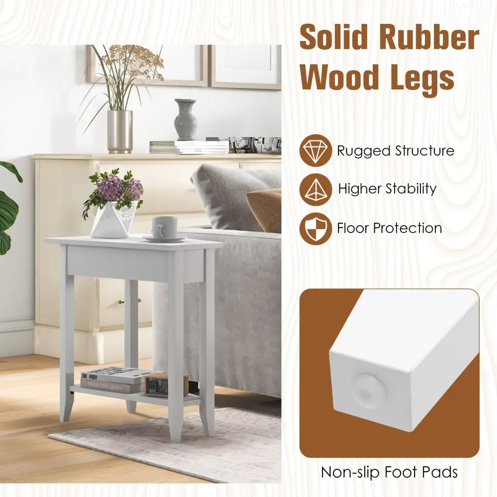 2-Tier Wedge Narrow End Table with Storage Shelf and Solid Wood Legs-White Costway