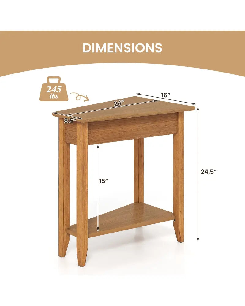 2-Tier Wedge Narrow End Table with Storage Shelf and Solid Wood Legs-Walnut - Walnut - End & Side Tables