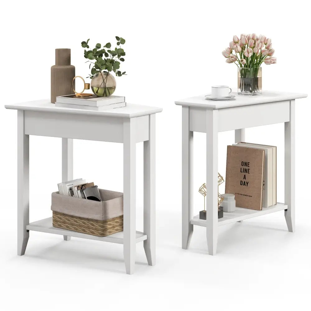 2-Tier Wedge Narrow End Table with Storage Shelf and Solid Wood Legs-White Costway