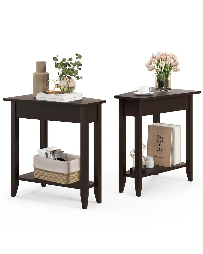 2-Tier Wedge Narrow End Table with Storage Shelf and Solid Wood Legs-Espresso - Espresso - End & Side Tables