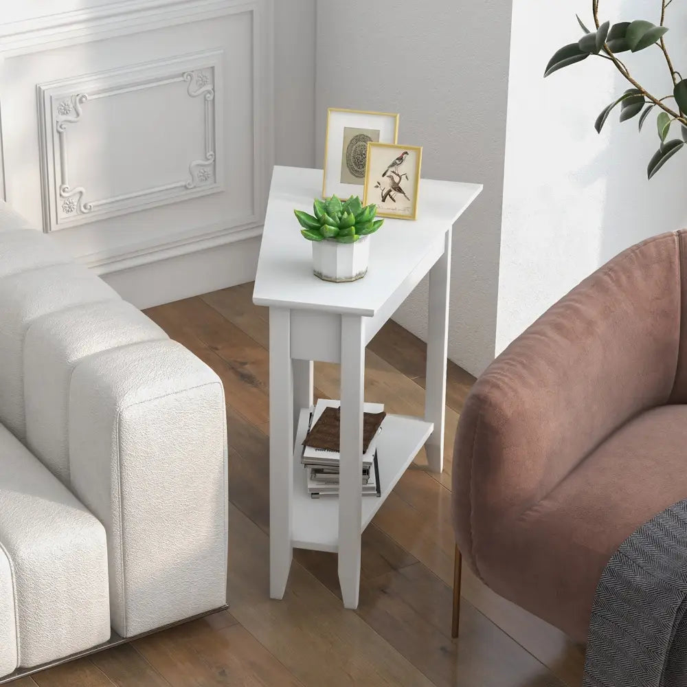 2-Tier Wedge Narrow End Table with Storage Shelf and Solid Wood Legs-White Costway