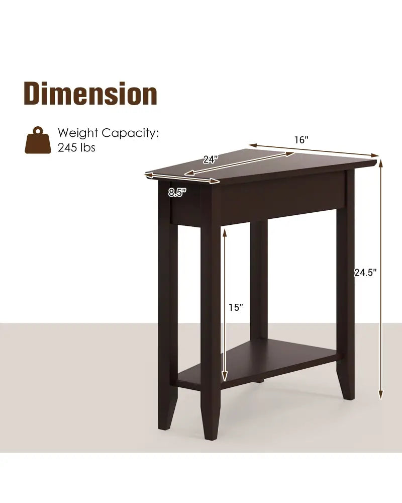 2-Tier Wedge Narrow End Table with Storage Shelf and Solid Wood Legs-Espresso - Espresso - End & Side Tables