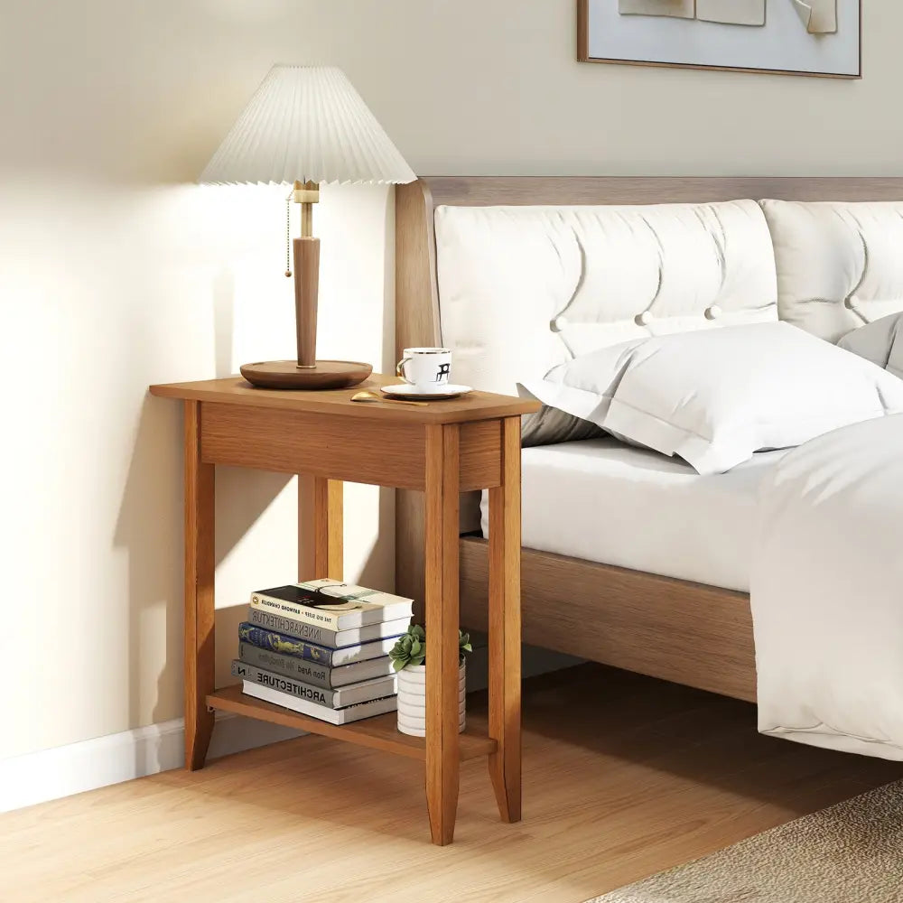 2-Tier Wedge Narrow End Table with Storage Shelf and Solid Wood Legs-Walnut - Walnut - End & Side Tables