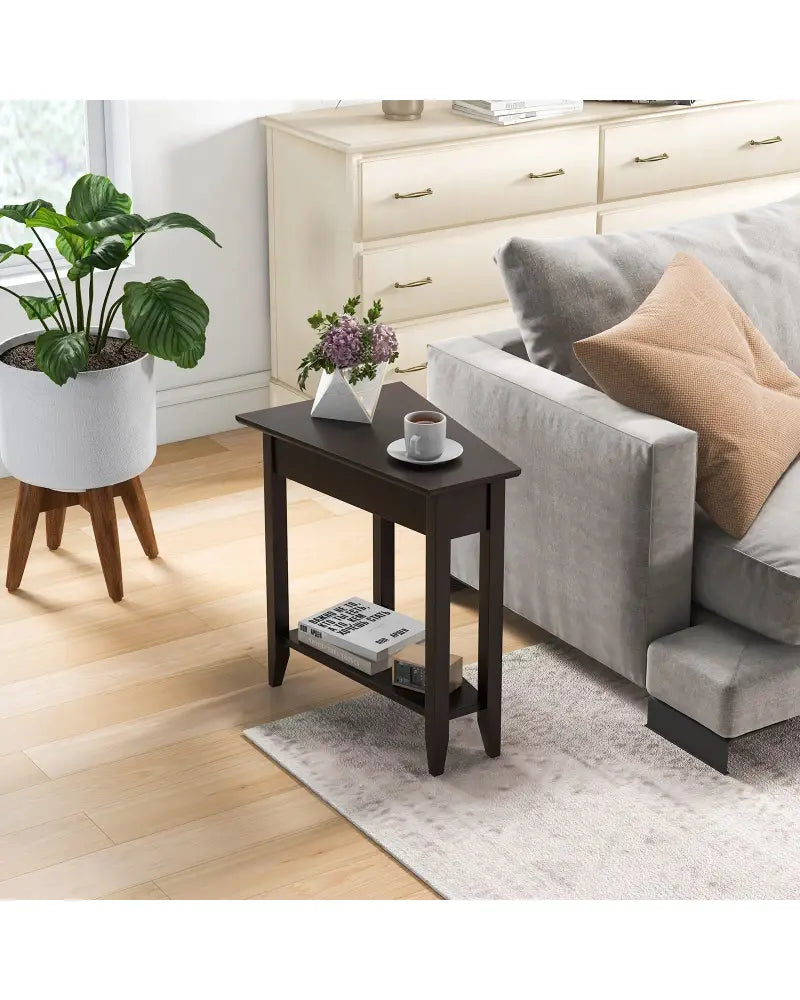 2-Tier Wedge Narrow End Table with Storage Shelf and Solid Wood Legs-Espresso - Espresso - End & Side Tables