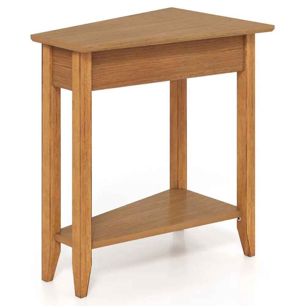 2-Tier Wedge Narrow End Table with Storage Shelf and Solid Wood Legs-Walnut - Walnut - End & Side Tables