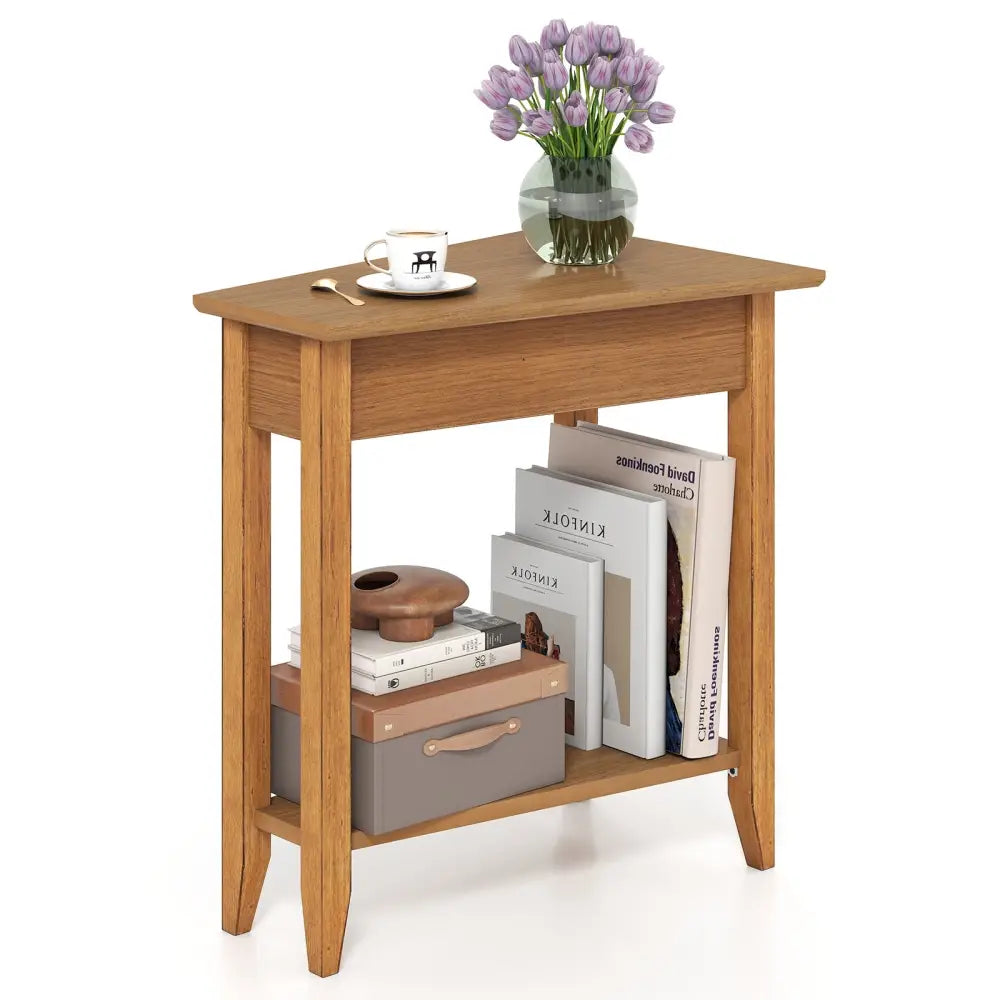 2-Tier Wedge Narrow End Table with Storage Shelf and Solid Wood Legs-Walnut - Walnut - End & Side Tables