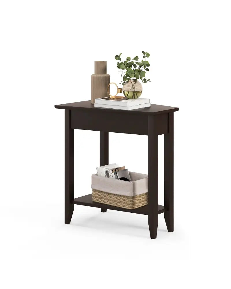 2-Tier Wedge Narrow End Table with Storage Shelf and Solid Wood Legs-Espresso - Espresso - End & Side Tables