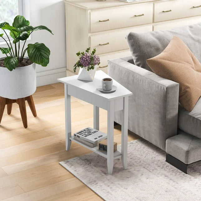 2-Tier Wedge Narrow End Table with Storage Shelf and Solid Wood Legs-White Costway