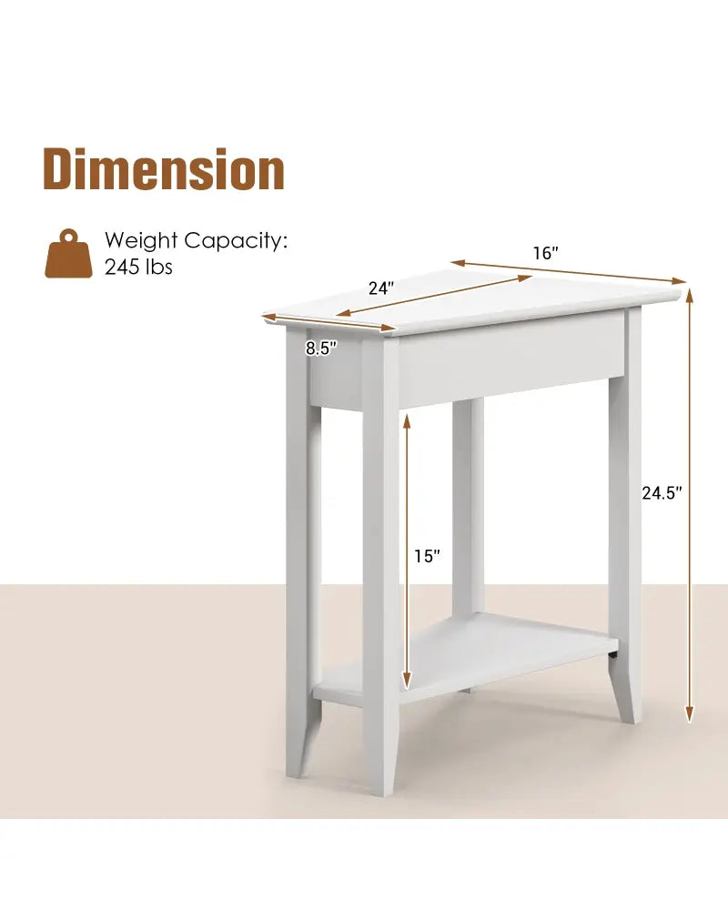 2-Tier Wedge Narrow End Table with Storage Shelf and Solid Wood Legs-White - White - End & Side Tables