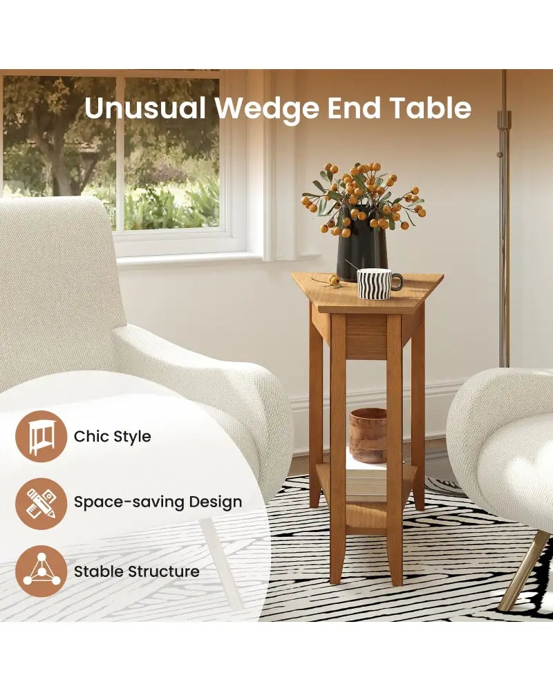 2-Tier Wedge Narrow End Table with Storage Shelf and Solid Wood Legs-Walnut - Walnut - End & Side Tables