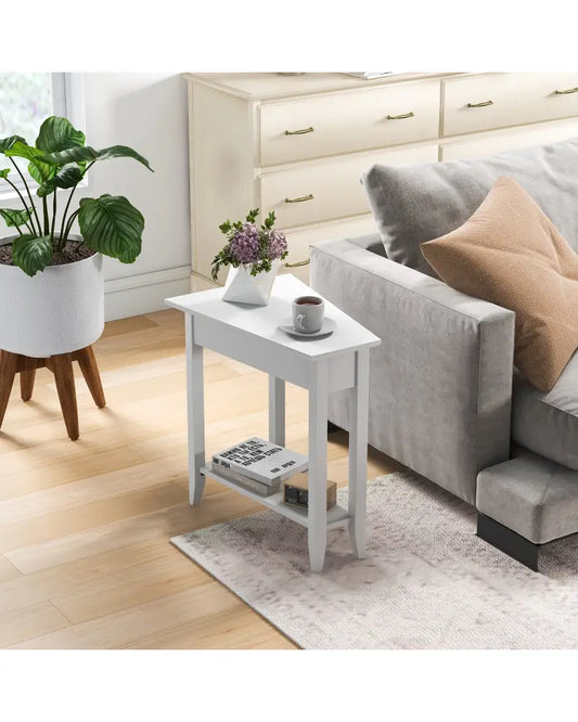 2-Tier Wedge Narrow End Table with Storage Shelf and Solid Wood Legs-White - White - End & Side Tables
