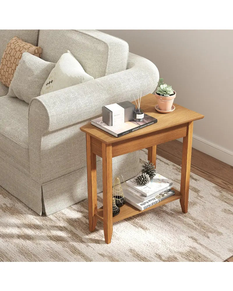 2-Tier Wedge Narrow End Table with Storage Shelf and Solid Wood Legs-Walnut - Walnut - End & Side Tables