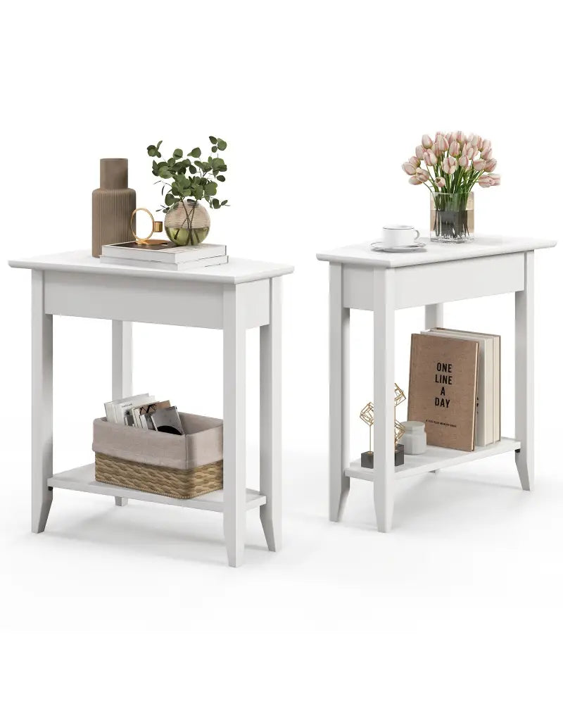2-Tier Wedge Narrow End Table with Storage Shelf and Solid Wood Legs-White - White - End & Side Tables