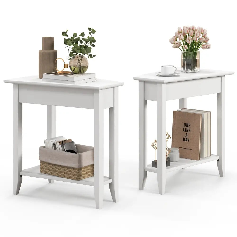 2-Tier Wedge Narrow End Table with Storage Shelf and Solid Wood Legs-White - White - End & Side Tables