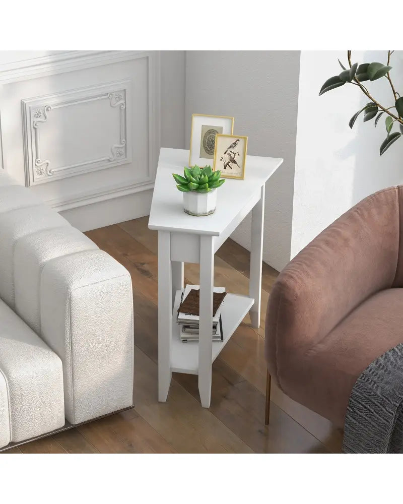 2-Tier Wedge Narrow End Table with Storage Shelf and Solid Wood Legs-White - White - End & Side Tables