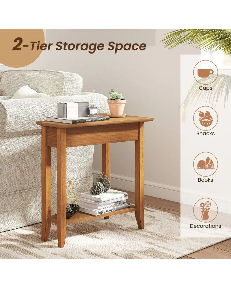2-Tier Wedge Narrow End Table with Storage Shelf and Solid Wood Legs-Walnut - Walnut - End & Side Tables