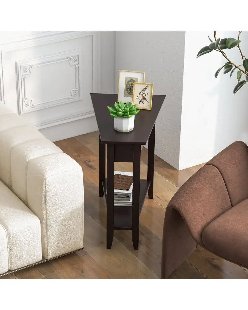 2-Tier Wedge Narrow End Table with Storage Shelf and Solid Wood Legs-Espresso - Espresso - End & Side Tables